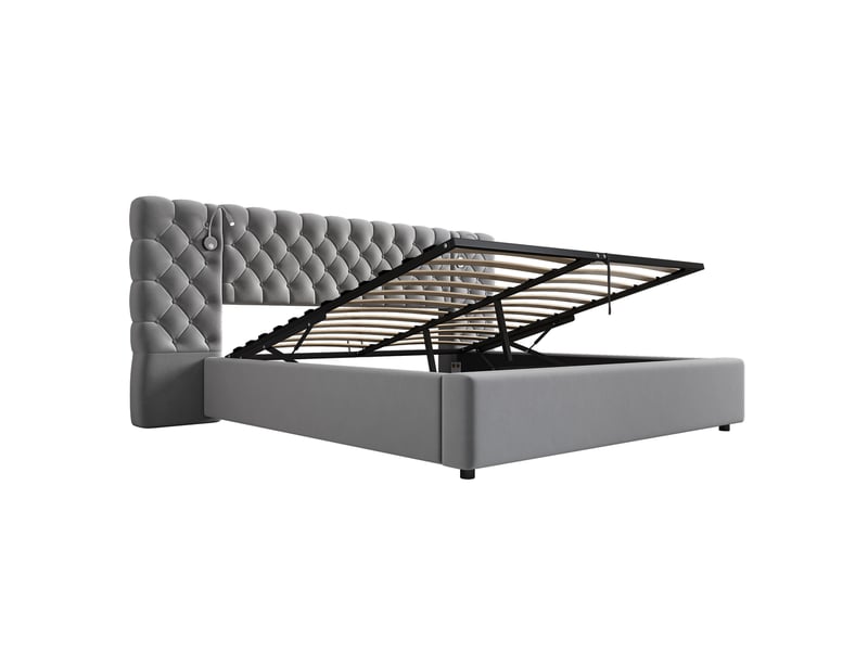  Lit adulte coffre 160x200cm avec espace de rangement, grande tête en velours, cadre à lattes inclus, gris, sans matelas  - Conforama D