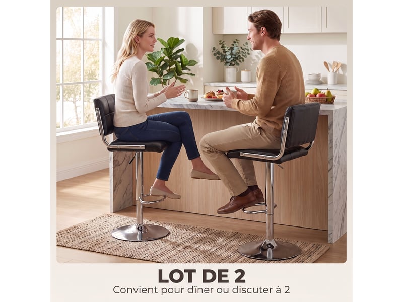  Lot de 2 tabourets de bar, hauteur réglable, pivotant 360°, siège rembourré, dossier et repose-pieds, noir  - Conforama D