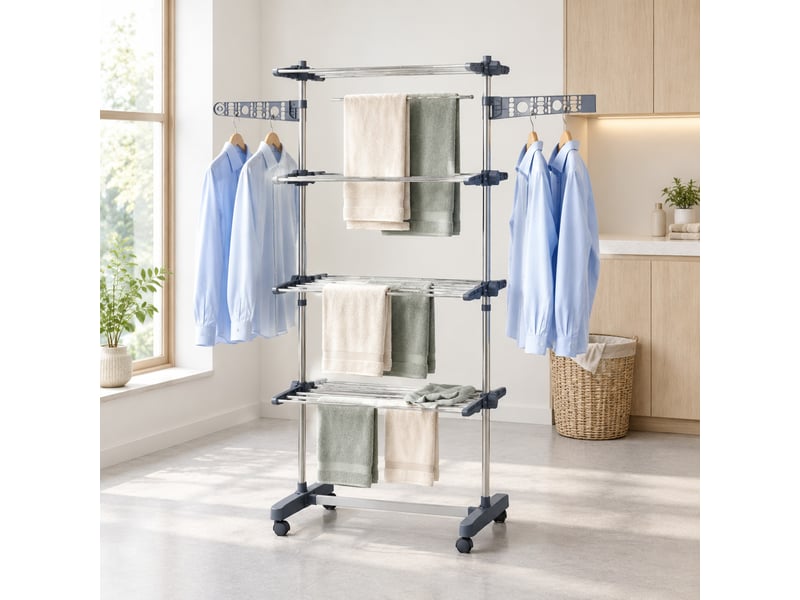 Étendoir à linge pliable à 4 niveaux sur roulettes en acier inoxydable et abs gris - Conforama D