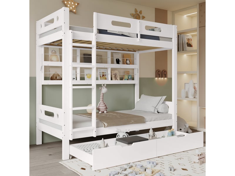 Lit superposé enfant 90x200 cm avec 2 tiroirs, étagères ouvertes et échelle 5 marches, bois blanc et naturel, sans matelas  - Conforama B