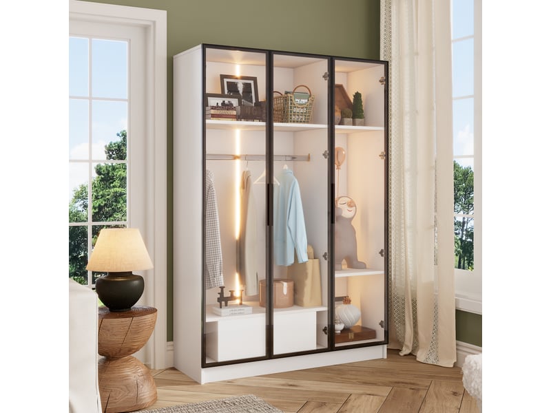  Armoire avec 3 portes vitrées, 1 tiroir, 1 niche ouverte, penderie et led pour chambre 110×50×160 cm blanc  - Conforama B