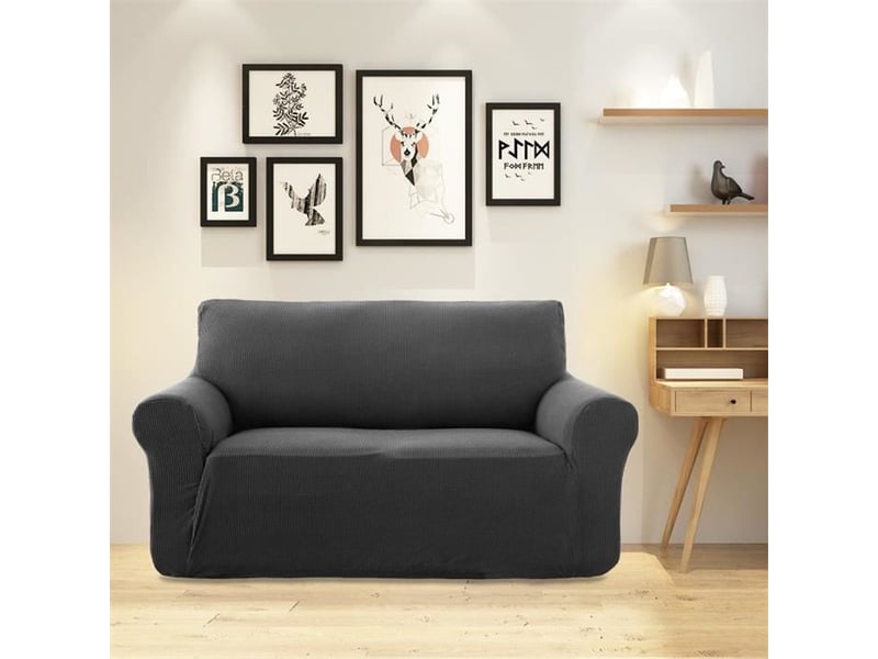  Housse canapé tout compris extensible en polaire imperméable deux places gris foncé 140-165 cm  - Conforama D