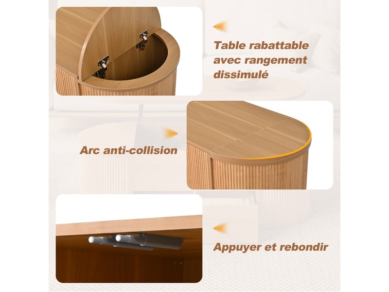  Table basse ovale en bois clair, espace de rangement caché avec 4 portes, ouverture magnétique, 100x50x35 cm  - Conforama W