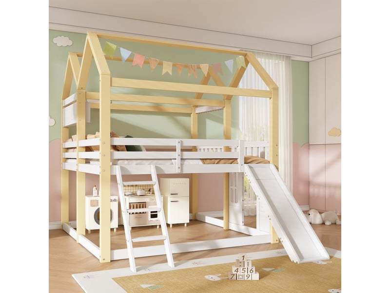 Lit mezzanine enfant 90x200 cm, forme maison, toboggan et échelle réversibles, espace jeu, barrière de sécurité, pin et mdf, blanc et naturel OMNIGLINT TRADING LTD - Conforama D