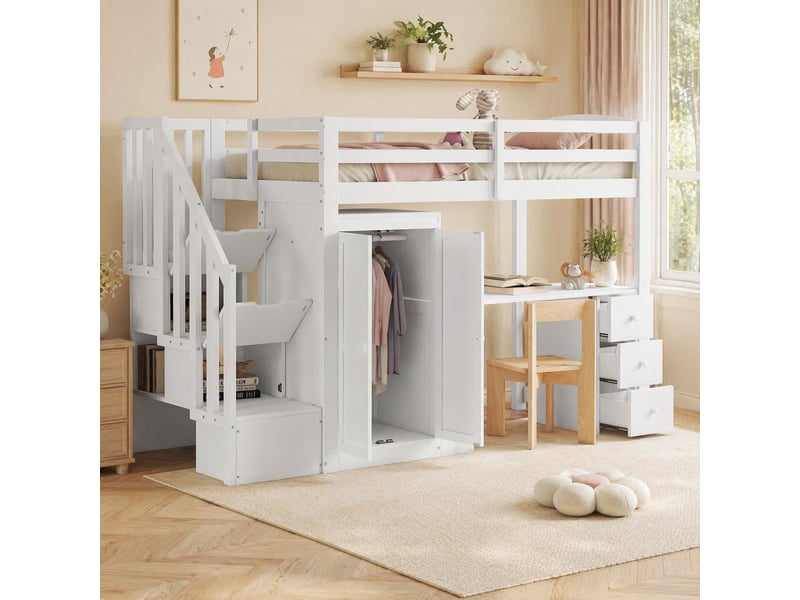  Lit mezzanine 90 x 200 cm avec sommier, bureau, armoire, escalier et tiroirs blanc  - Conforama B