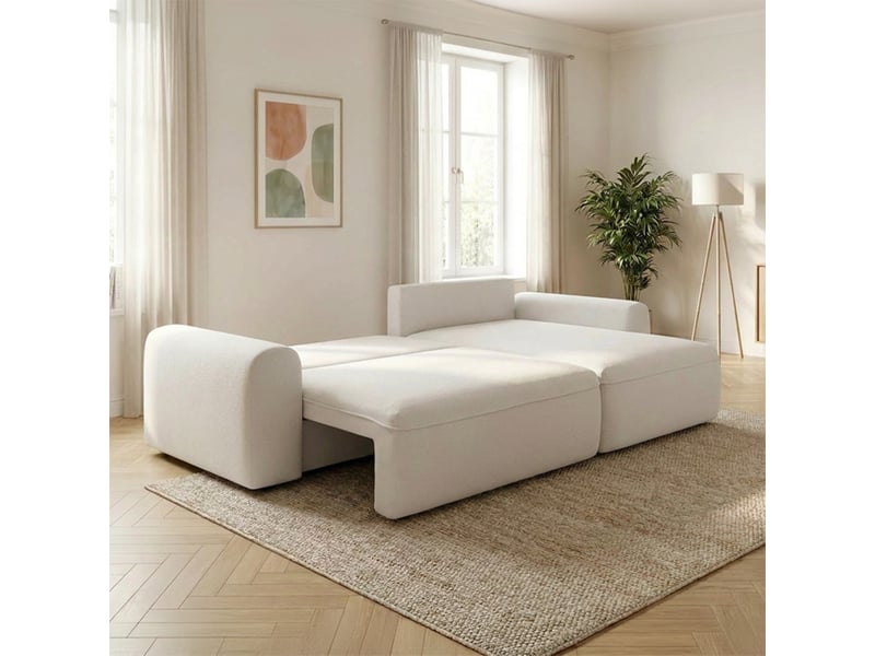 Canapé d'angle convertible beige 4 places tissu bouclé + coffre belair - Conforama E