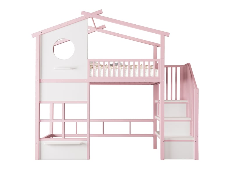  Lit mezzanine enfant 90 x 200 cm en métal, escalier avec rangement, garde-corps haut et éclairage led, rose evarich - Conforama A