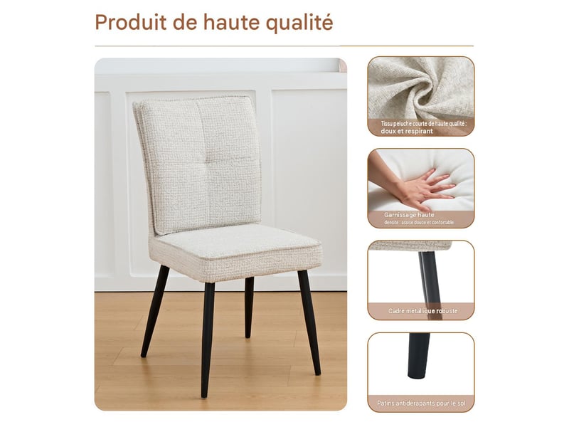  Lot de 2 chaises de salle à manger en chenille blanc crème, pieds en métal W5093P434243 - Conforama D