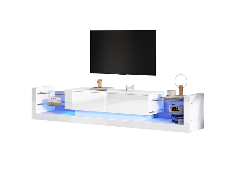  Meuble tv blanc laqué led 181 cm - pour tv jusqu'à 80 pouces - façade verre et 2 tiroirs  - Conforama A