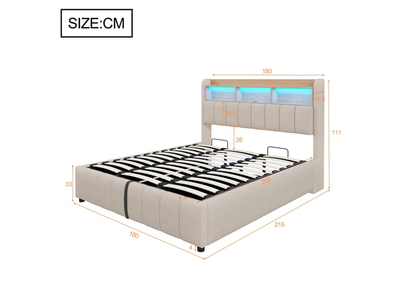  Lit rembourré 180 x 200 cm avec éclairage led et prise usb, tête de lit avec étagères et espace de rangement, mécanisme de levage hydraulique, lit double pour adultes, tissu lin beige  - Conforama C