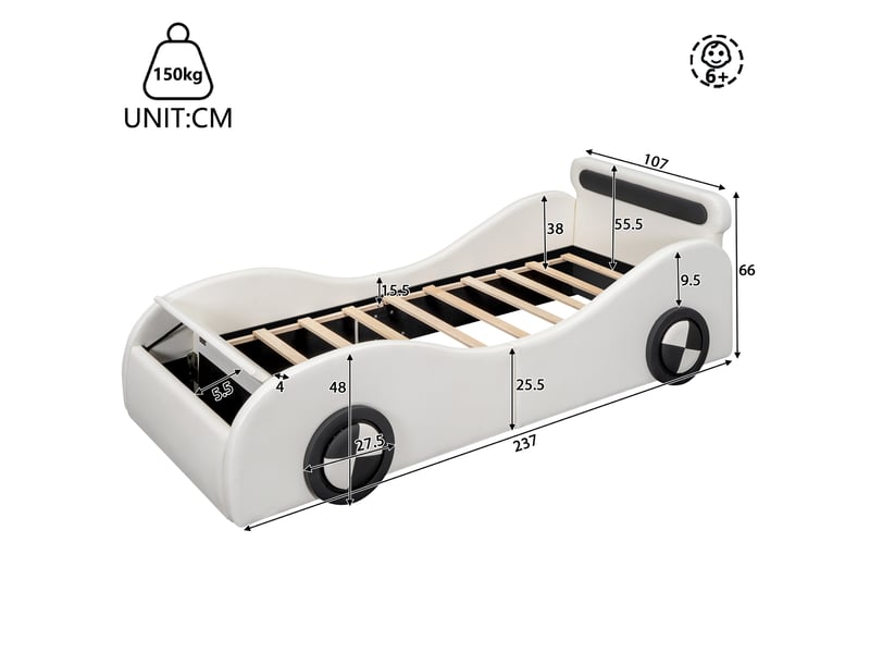  Lit enfant voiture rembourré 90x200 cm avec roues lumineuses blanc  - Conforama C