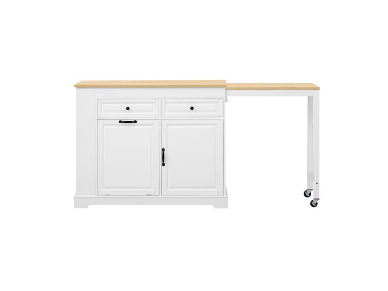  Îlot de cuisine meuble de cuisine mobile zone repas extensible compartiment poubelle tiroirs de rangement roulettes structure autoportante finition blanche  - Conforama A