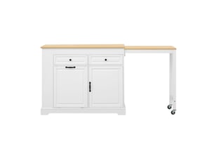 Îlot de cuisine meuble de cuisine mobile zone repas extensible compartiment poubelle tiroirs de rangement roulettes structure autoportante finition blanche