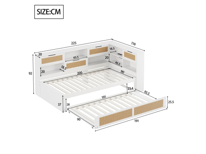  Lit gigogne 90x200 et 90x190, rangement et ports usb et type-c, en bois, blanc, sans matelas  - Conforama D