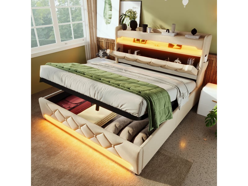  Lit double capitonné 140x200 cm,lit coffre hydraulique,tête de lit avec led et ports usb type-c,lin,sans matelas,beige  - Conforama B