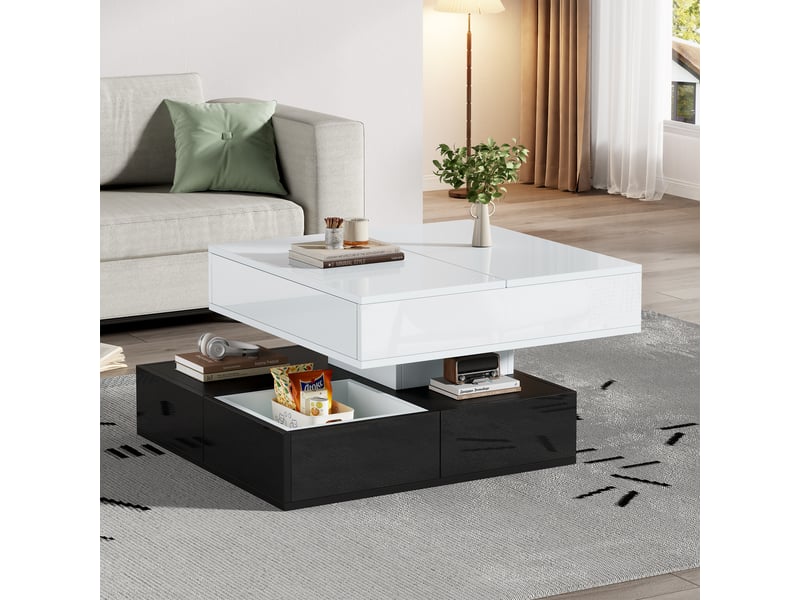  Table basse relevable avec 3 tiroirs, plateau pivotant à 360°, rangement ouvert, en panneau de particules, 70×70×40 cm, blanc noir - uvrion  - Conforama B