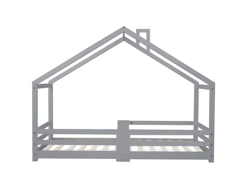  Lit cabane enfant en pin gris, 90 × 200 cm, avec cheminée, barrière de sécurité et sommier à lattes  - Conforama A