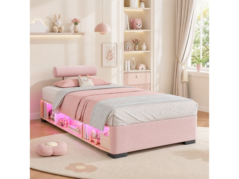  Lit enfant rembourré modenvie 90 x 200 cm rose avec étagère latérale led, rangement ouvert et appuie têtes montables sur 3 côtés  - Conforama B