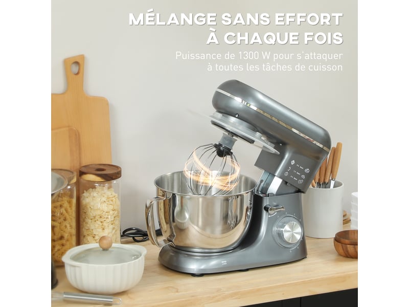 Robot pâtissier 1300 w, robot pétrin professionnel 4,5 l, bol d'acier inoxydable, argent, 6+p vitesses et pulse - Conforama A