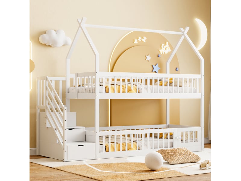  Lit superposé enfant 90x200 cm avec toit, escalier de rangement, blanc  - Conforama C