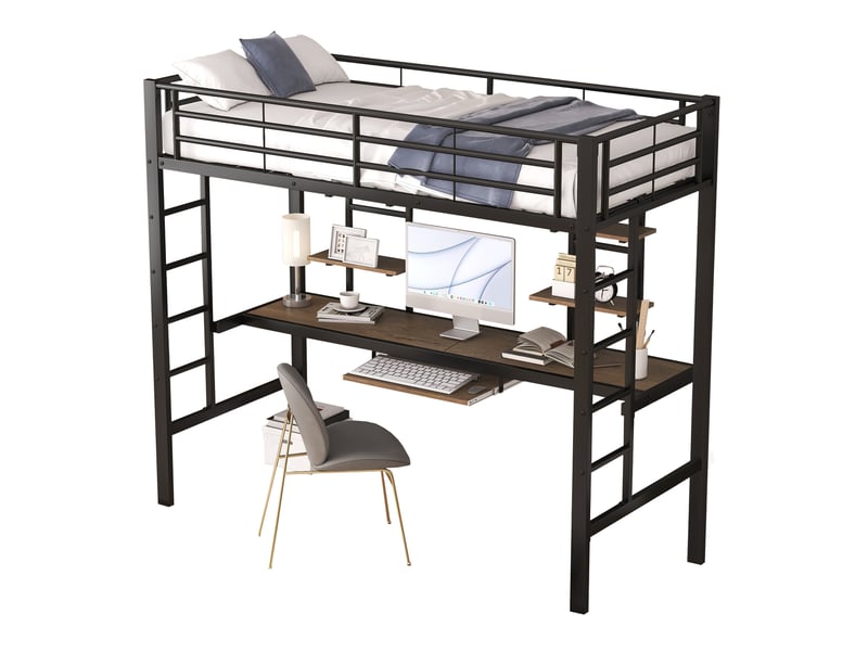 Lit mezzanine 90x200 cm en métal avec bureau, 2 étagères et échelle noire - Conforama A