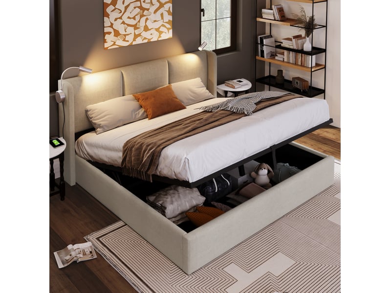  Lit double 140x200 cm avec rangement, liseuse usb, sommier et matelas beige  - Conforama E