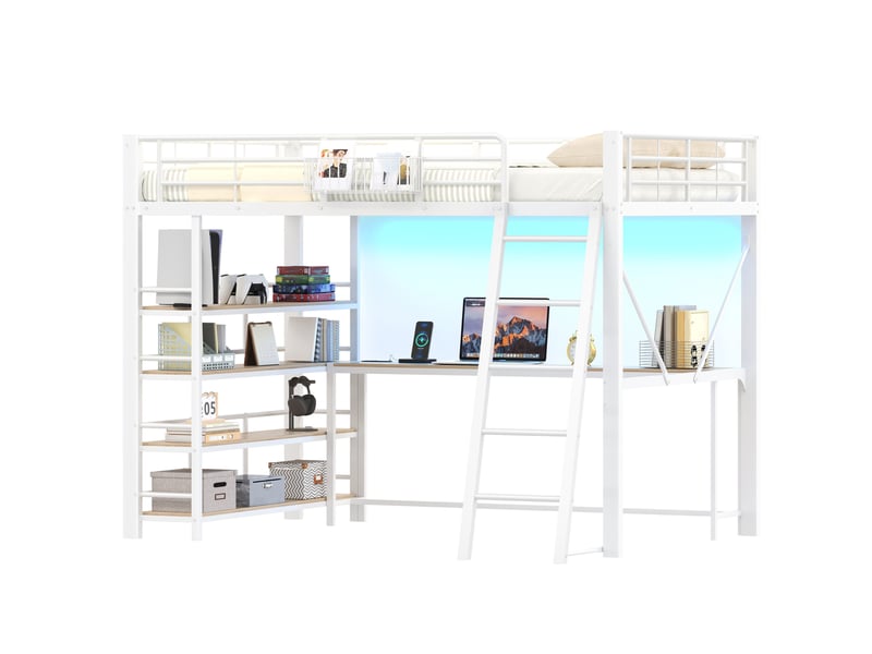  Lit mezzanine 140x200 cm bureau intégré, rangements, led, recharge usb, métal mdf blanc sans matelas  - Conforama A