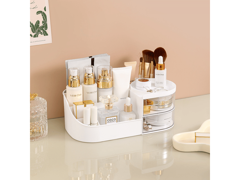  Organisateur de cosmétique avec 2 tiroirs, organiseur de maquillage make up storage cosmetic rangement salle de bain en plastique  - Conforama E