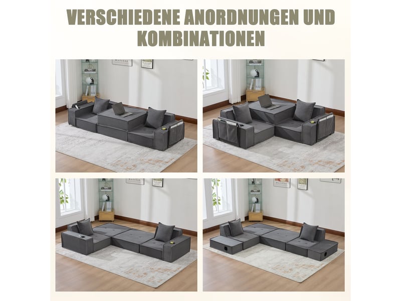 Canapé-lit 2 places convertible avec pouf de rangement, 2 coussins inclus, poches latérales, tissu doux, canapé modulable confortable - Conforama D