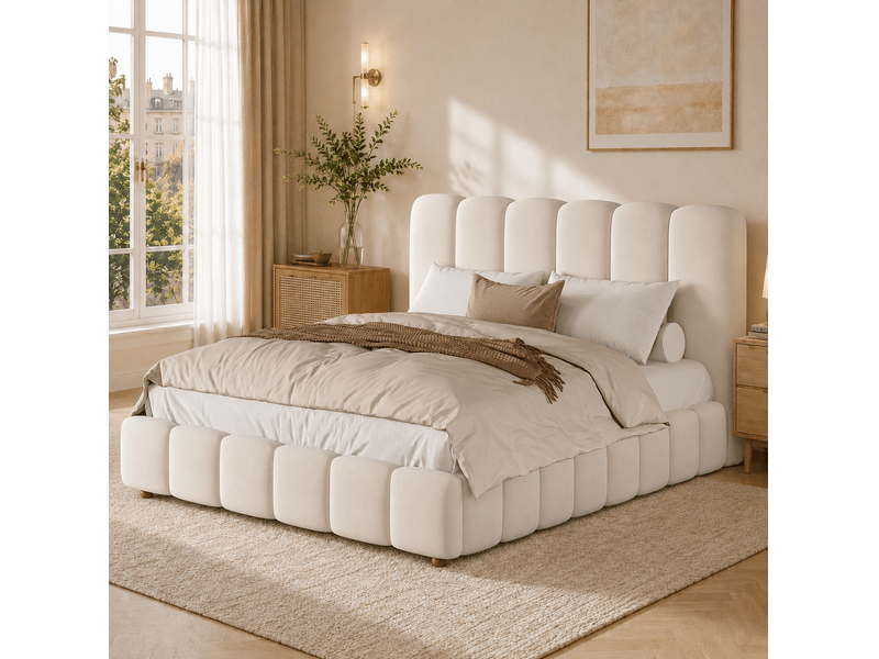  Lit coffre double 140 x 190 cm beige en velours avec sommier à lattes et tête de lit  - Conforama D