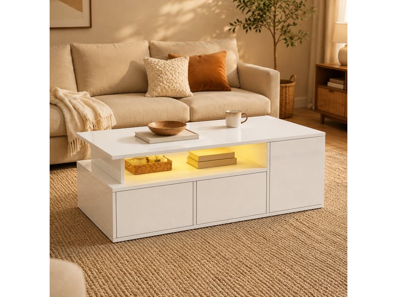  Table basse avec 2 tiroirs, led et 9 compartiments pour salon 100×50×35 cm en panneaux de particules blanc  - Conforama B