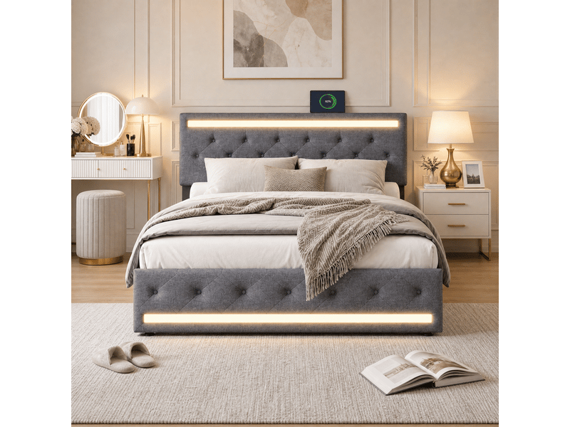  Lit rembourré 140 x 190 cm avec rangement, lit double avec éclairage led et port usb, lit pour adolescent avec 4 tiroirs, sommier avec tête de lit rembourrée et lattes, lin, gris 240713YTT0201#ADj63HWC1CDELLM - Conforama C