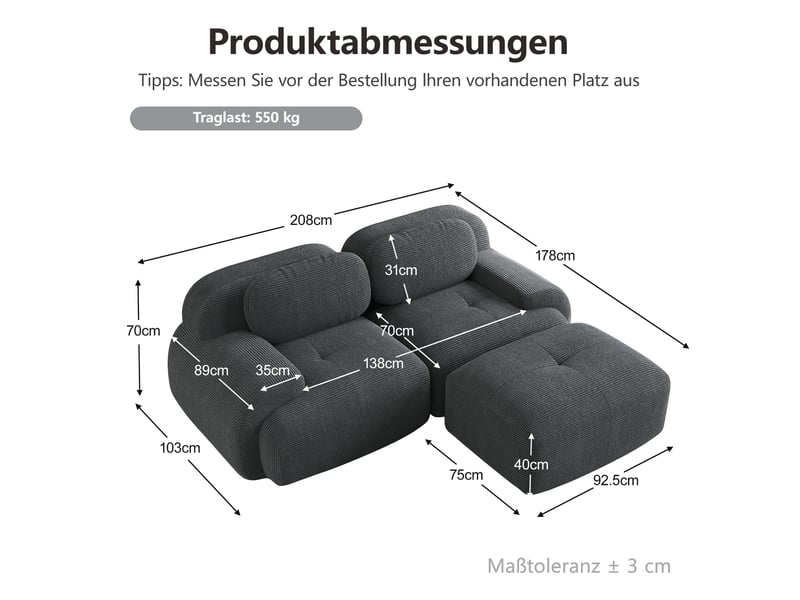 Canapé d'angle modulable en velours côtelé, gris, 208 x 178 x 70 cm Fay Lum - Conforama C