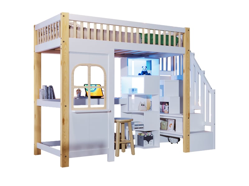 Lit mezzanine tcqpz 90 x 200 cm avec led, forme fenêtre, échelle de rangement, étagère ouverte, bureau, prise, blanc et naturel - Conforama A