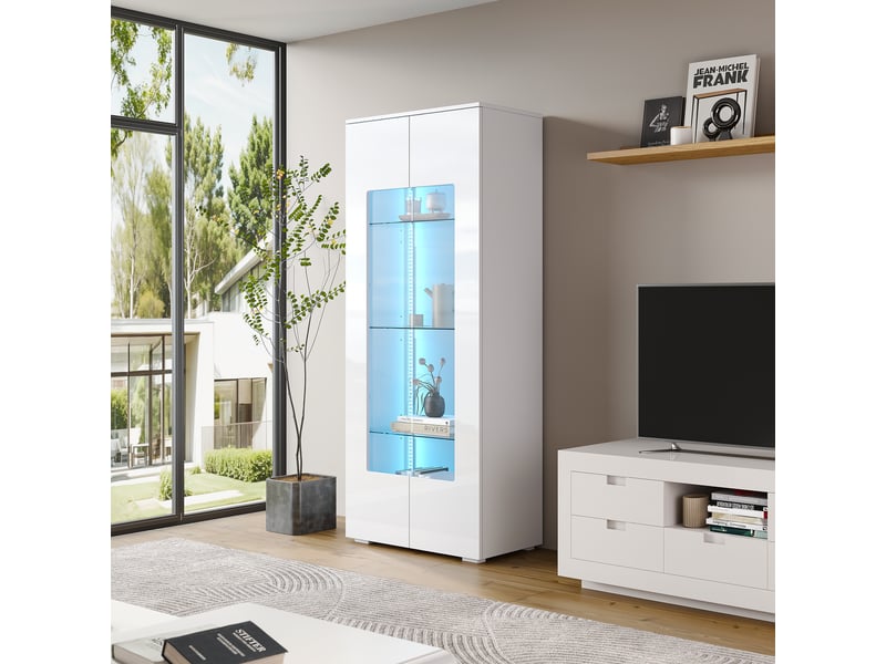  Vitrine de rangement, avec éclairage led, 70 x 40 x 173 cm, en verre trempé et mdf, coloris blanc, pour salon, pour maison et appartement  - Conforama D