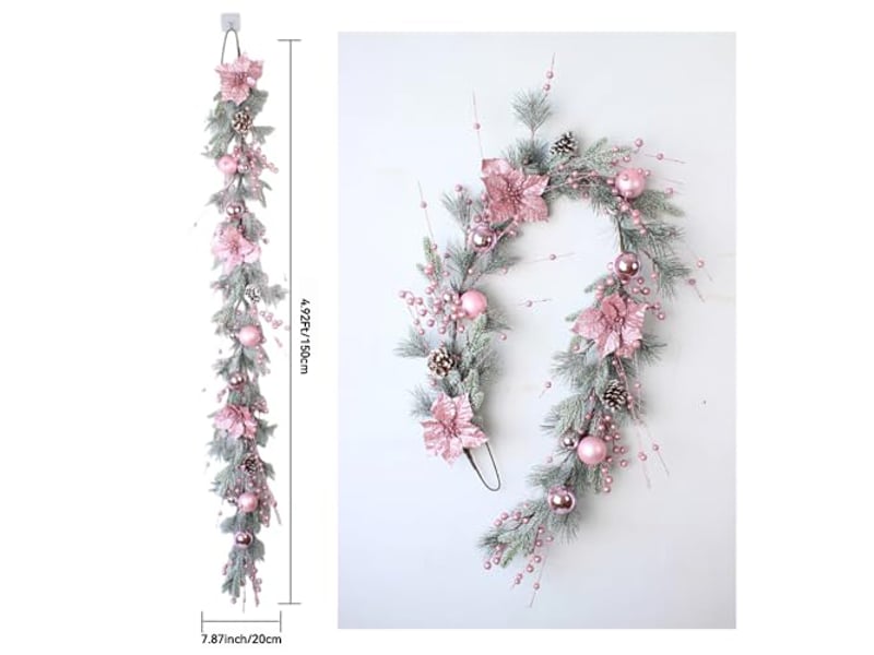  Couronne de noël rose vif 150cm, effet floqué enneigé – décoration de porte et intérieur  - Conforama B