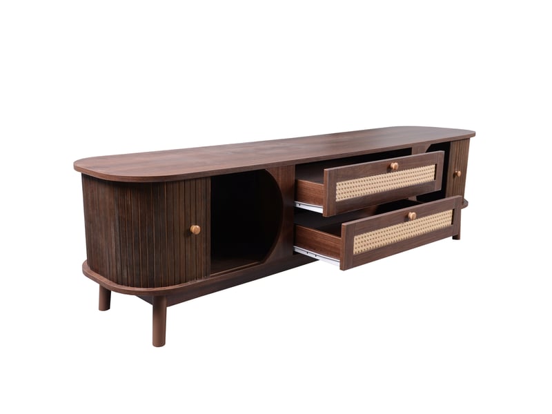  Meuble tv bois naturel avec portes et tiroirs – côtés effet rotin – style campagne, grande capacité de rangement  - Conforama E