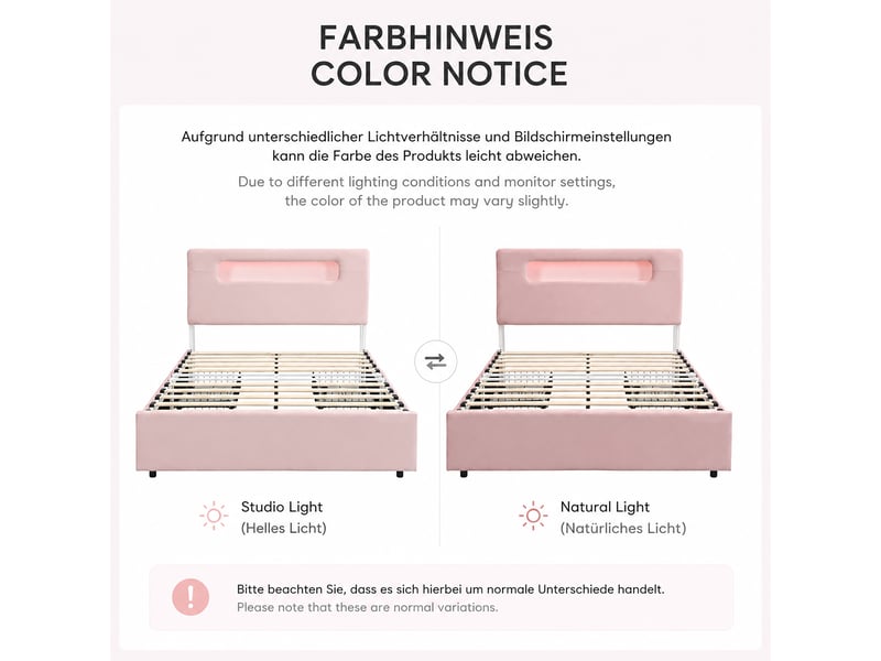  Lit enfant 2 places 140×200 cm, 4 tiroirs, rangement et led par application - okmyhome- velours rose, sans matelas  - Conforama E