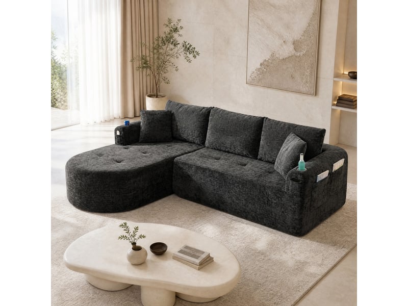  Canapé d'angle ulevr 3 places avec rangement et porte-gobelet inox, tissu de lin noir, 255 x 171 x 64 cm, sans montage  - Conforama B