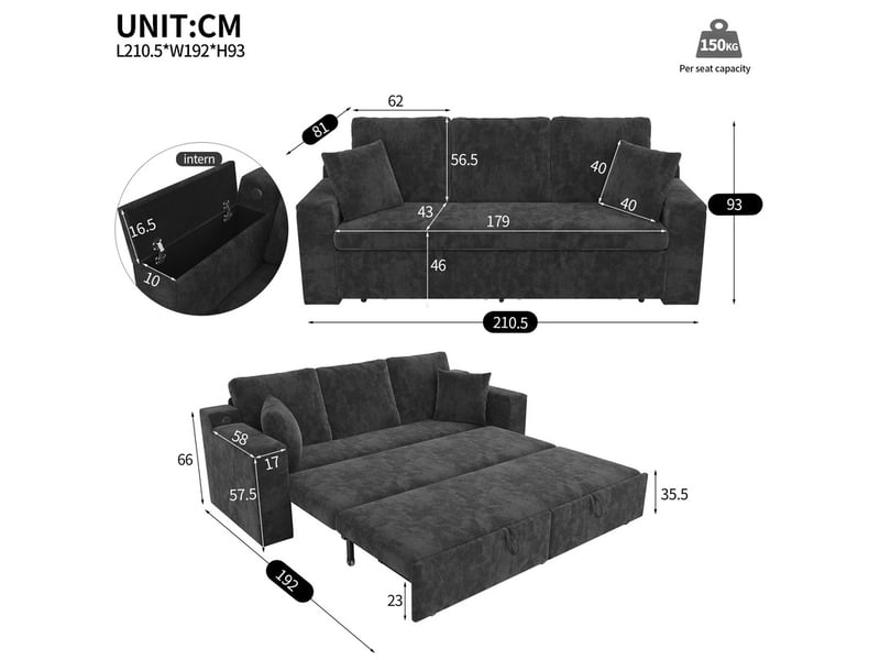  Canapé droit convertible ,3 places,avec rangement, tablette d'accoudoir et port de charge usb,210x192x93 cm,gris  - Conforama C