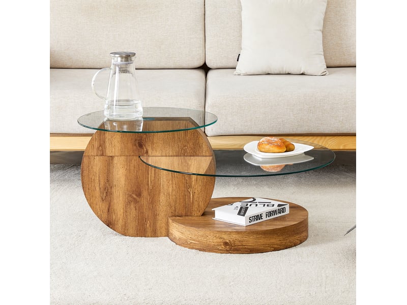  Table basse moderne en verre trempé 89,9x69,9x43,2 cm, design multi-niveaux, pour salon, mdf, transparent et naturel  - Conforama D