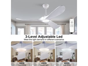 Ventilateur de plafond 132 cm éclairage led dimmable 3 pales bois massif blanc réversible 6 vitesses télécommande