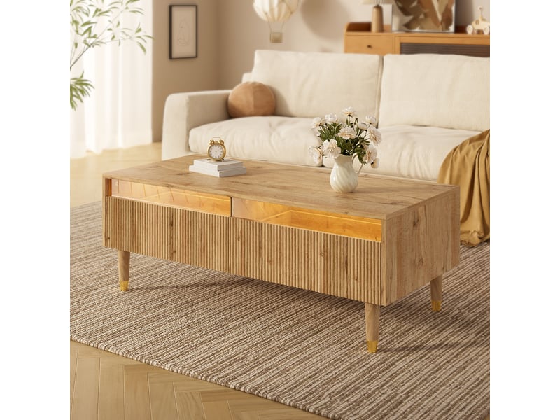  Table basse 110x50x40 cm, 2 tiroirs, éclairage led bluetooth, façade ondulée, pieds bois massif dorés pour salon et séjour - bois  - Conforama D