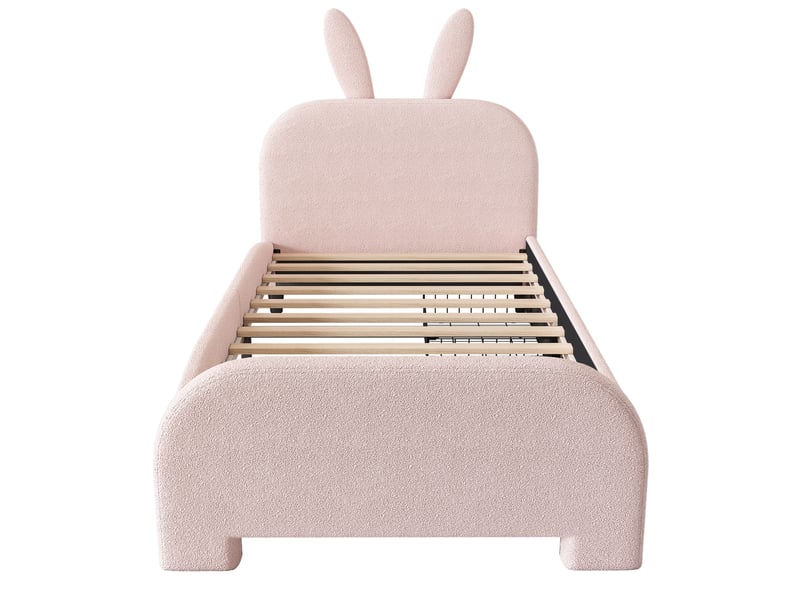 Lit enfant rembourré bouclette rose 90x200 cm, tête de lit lapin, 2 tiroirs de rangement - Conforama A