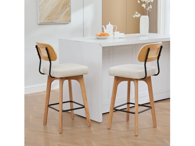 Lot de 2 tabourets de bar pivotants à 360° avec dossier en rotin, assise rembourrée et repose-pieds en chenille beige - Conforama B