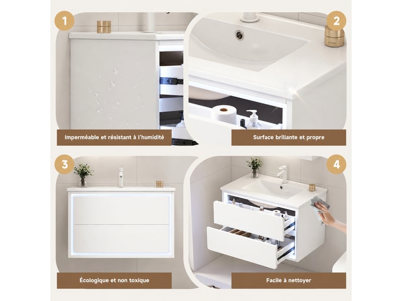  Meuble vasque suspendu blanc 76 cm avec lavabo intégré, 2 tiroirs et éclairage led  - Conforama D