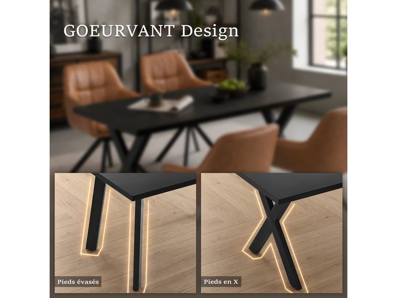 Table de salle à manger - plateau monobloc mat et pieds inclinés en métal avec patins de protection - chêne noir - Conforama E