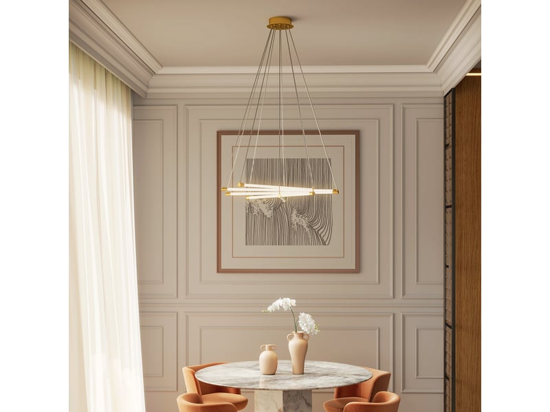 Plafonnier led. 50 w. 5 tubes lumineux orientables. Réglable. Idéal pour salon, salle à manger, cuisine. Or et blanc.  - Conforama D