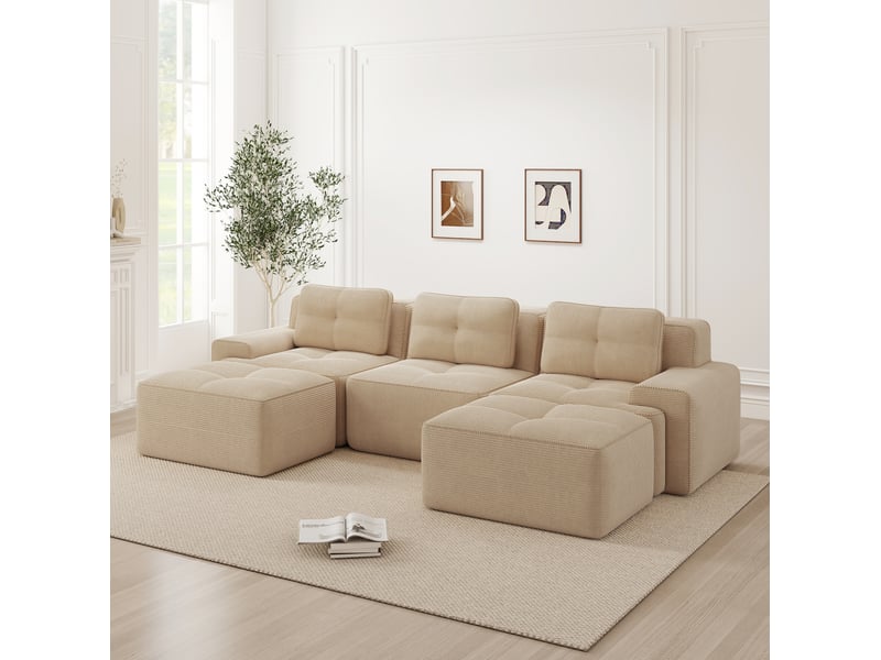 Canapé modulable en u 3 places avec 2 ottomans en velours côtelé beige - Conforama C