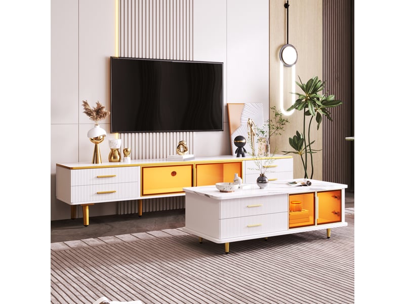 Ensemble meuble tv et table basse blanc et or effet marbre 170cm - Conforama R